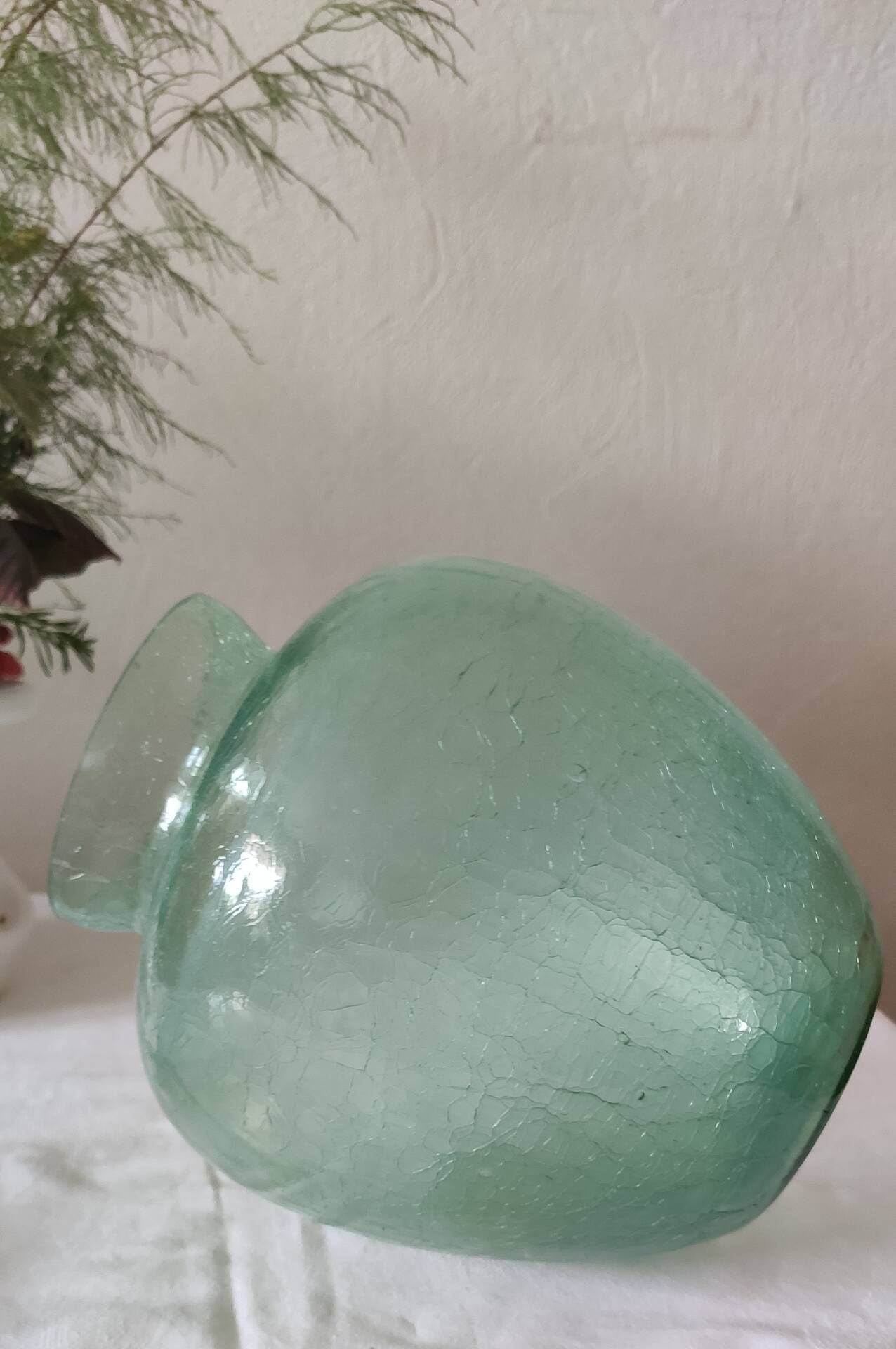 Cracked glass round vase in water green, 19 cm