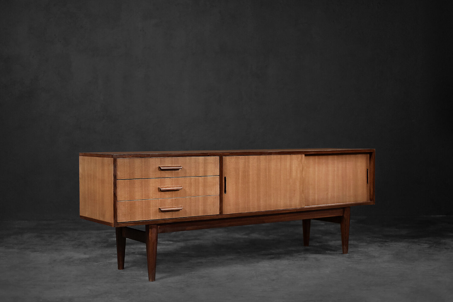 Classic vintage mid-century mahogany buffet with drawers, Danish Scandinavian style, 1970s.