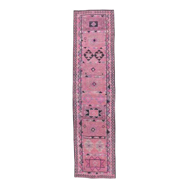 Vintage Pink Geometric Turkish Hand-Knotted Runner 80x337