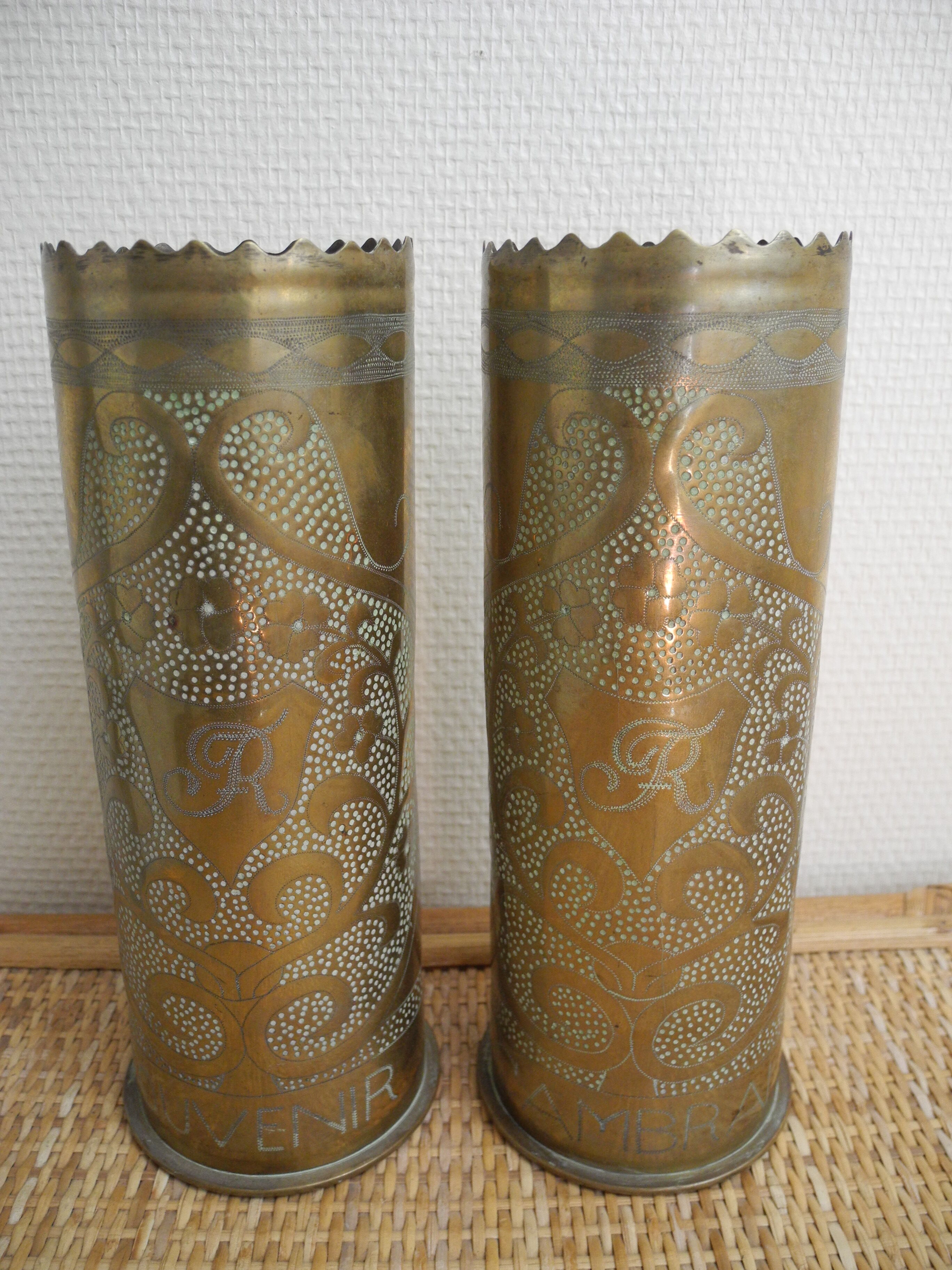 Pair of vases with engraved shell casings, WW1 trench art