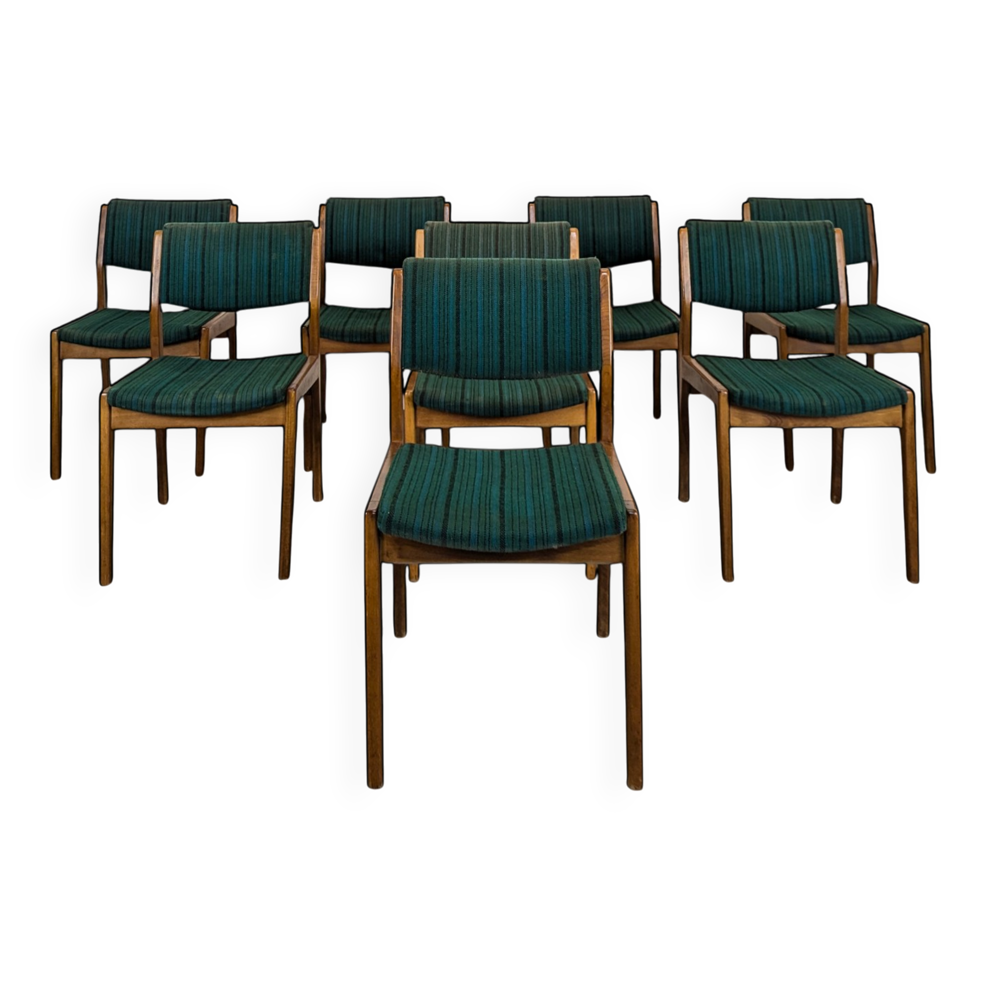 Set of 8 vintage green fabric chairs.