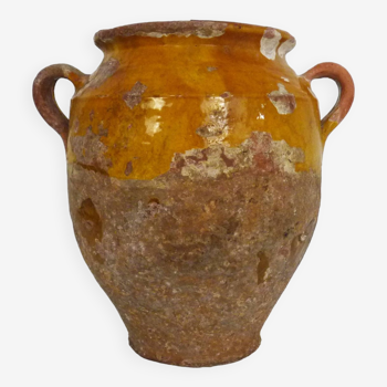 Ancien pot à confit jaune vernissé, sud ouest de la France. Pot de conservation. Pyrénées XIXème