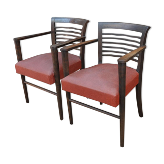 Pair of vintage oak and red skai armchairs 1950