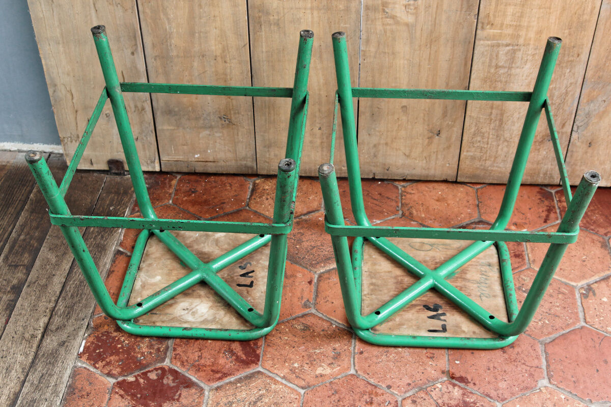 Pair of industrial stools, wood and metal
