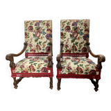 Pair of Renaissance style armchairs in solid walnut, 19th century