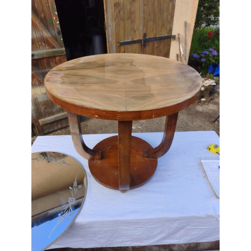 Art Deco walnut table with a mirror top.