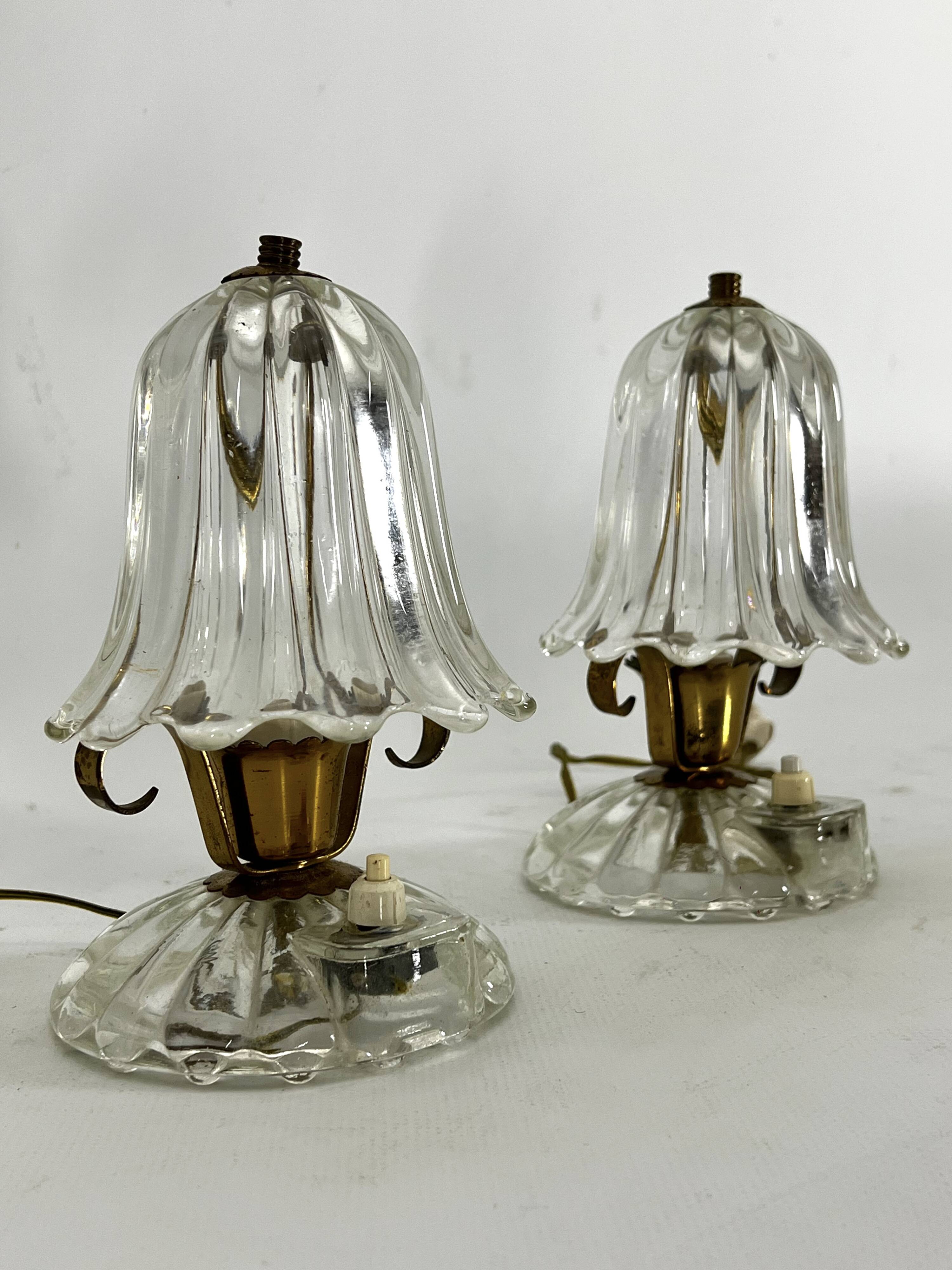 Mid-Century pair of Ercole Barovier Murano glass and brass table lamps. 1940s