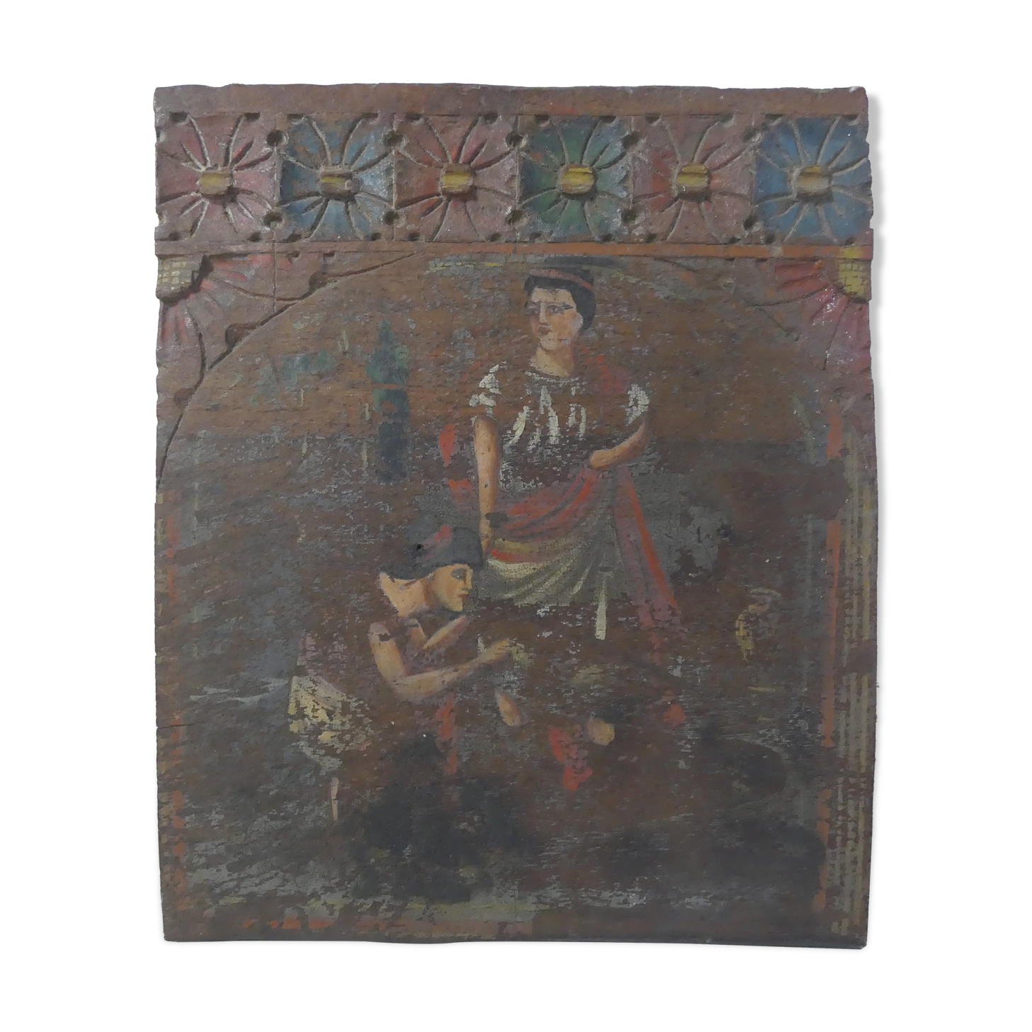 Painting on carved wood panel