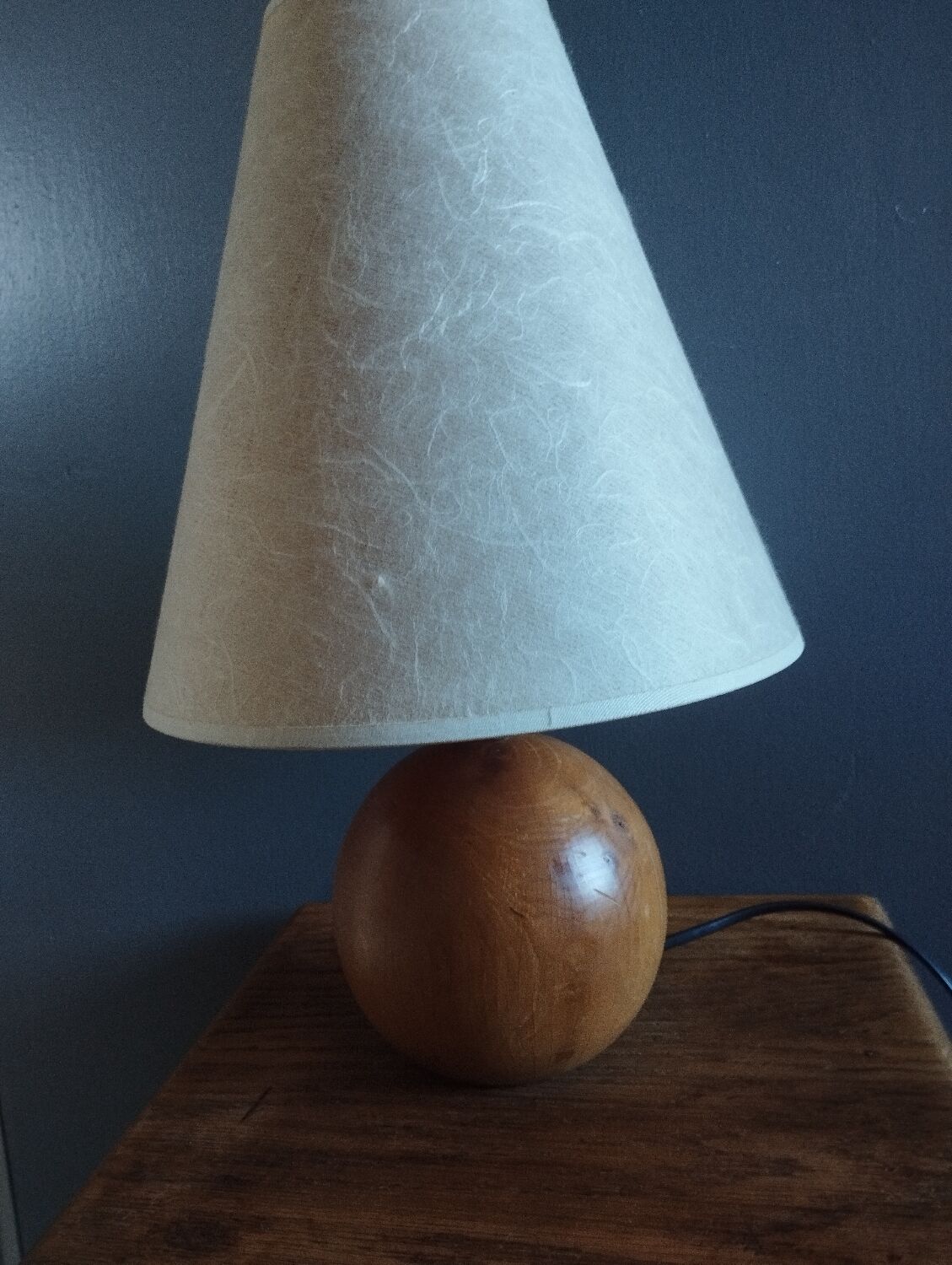 Table lamp foot ball light wood, lampshade ecru paper, 1970's