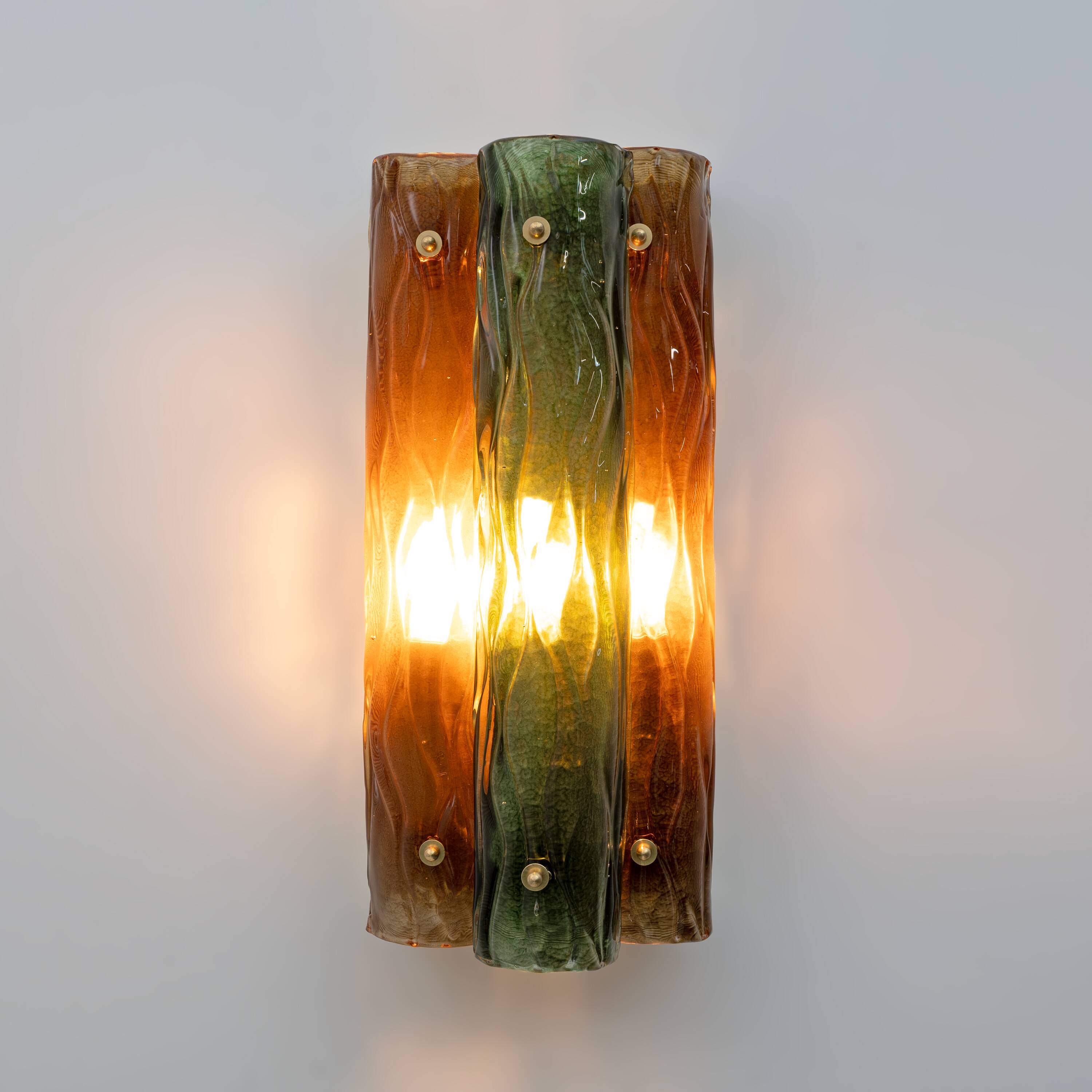 Pair of Modern Amber and Green Murano Glass and Brass Sconces
