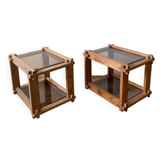 Coffee tables or bedside tables or end tables in pine and smoked glass