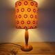 Mid-century wooden table lamp, retro-pop saffron print