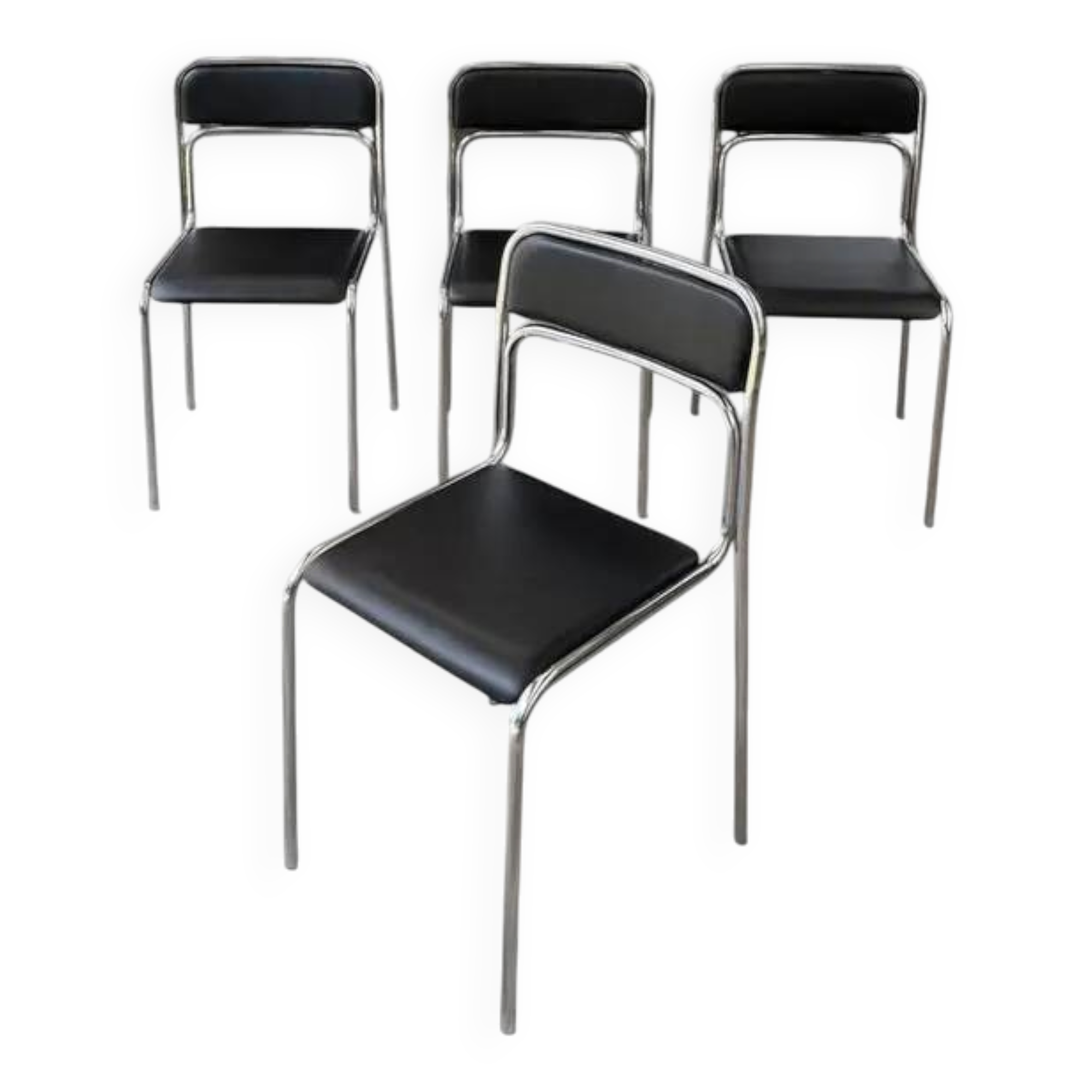 Bauhaus-style tubular steel chairs with black faux leather upholstery, Italian modernist dining room