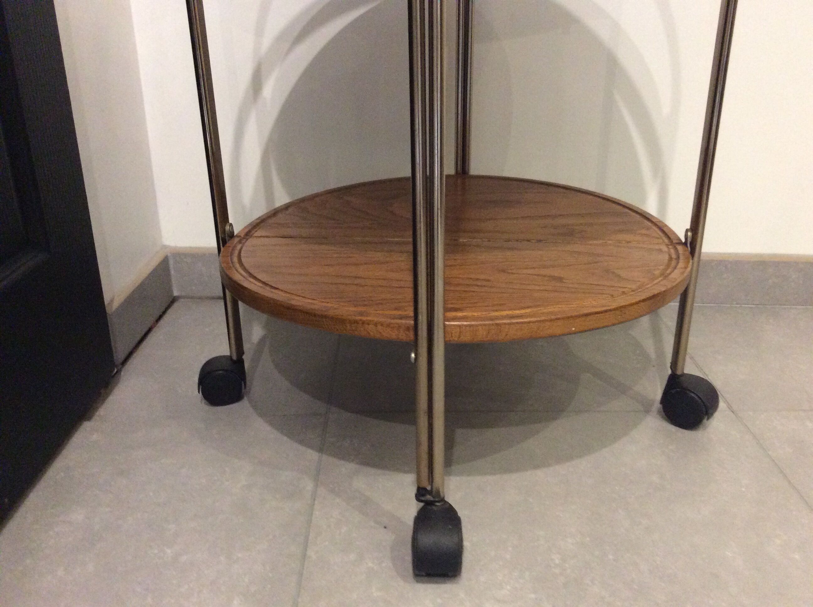 Round vintage foldable wooden and brass server