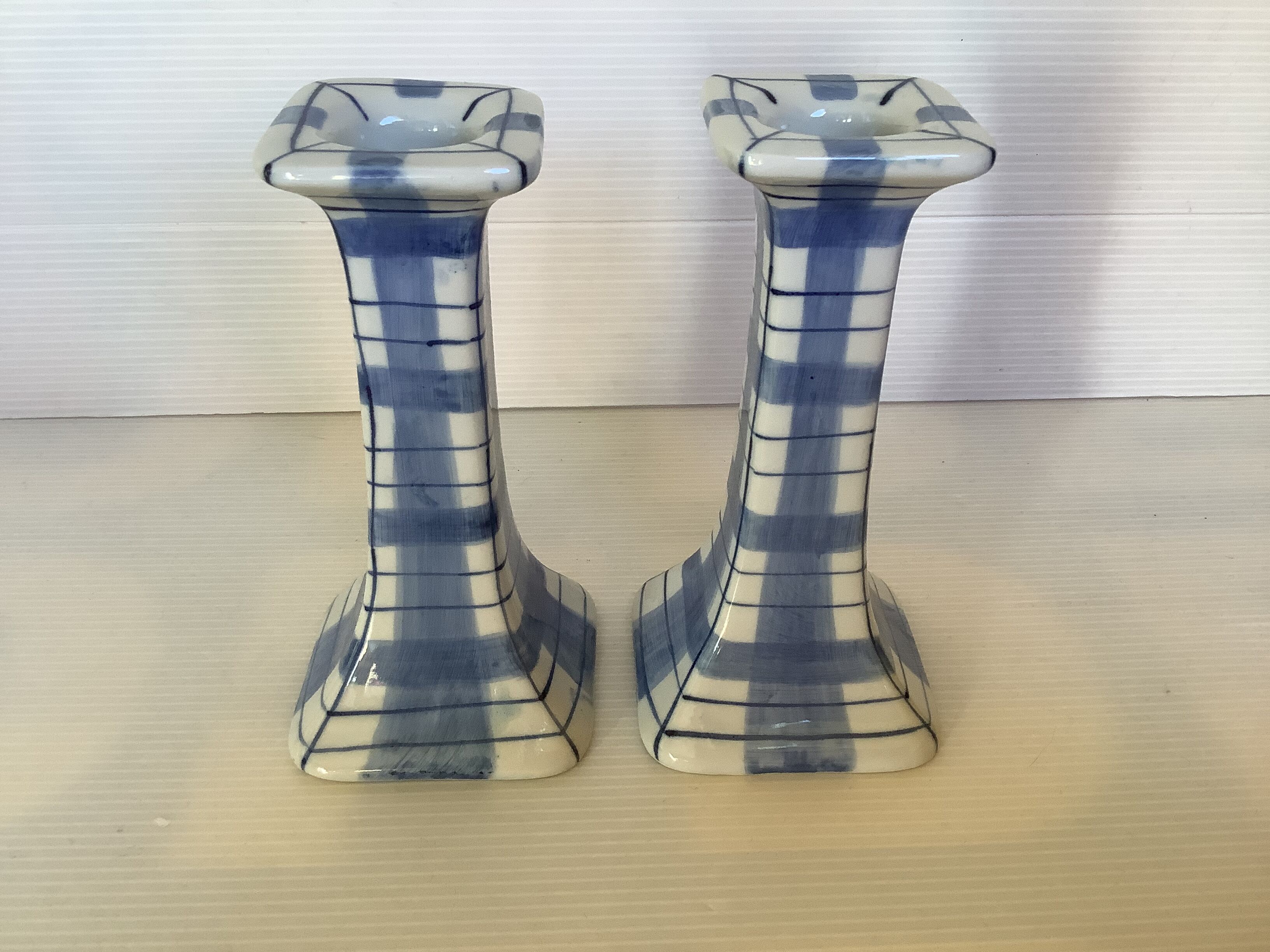 Pair of candlesticks patterns dish towels blue tiles