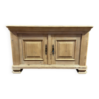 TV unit / Small low sideboard in solid pine - 1980s - Sandblasted