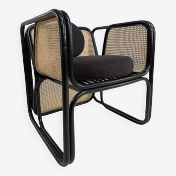 Fauteuil cubique en rotin noir et cannage