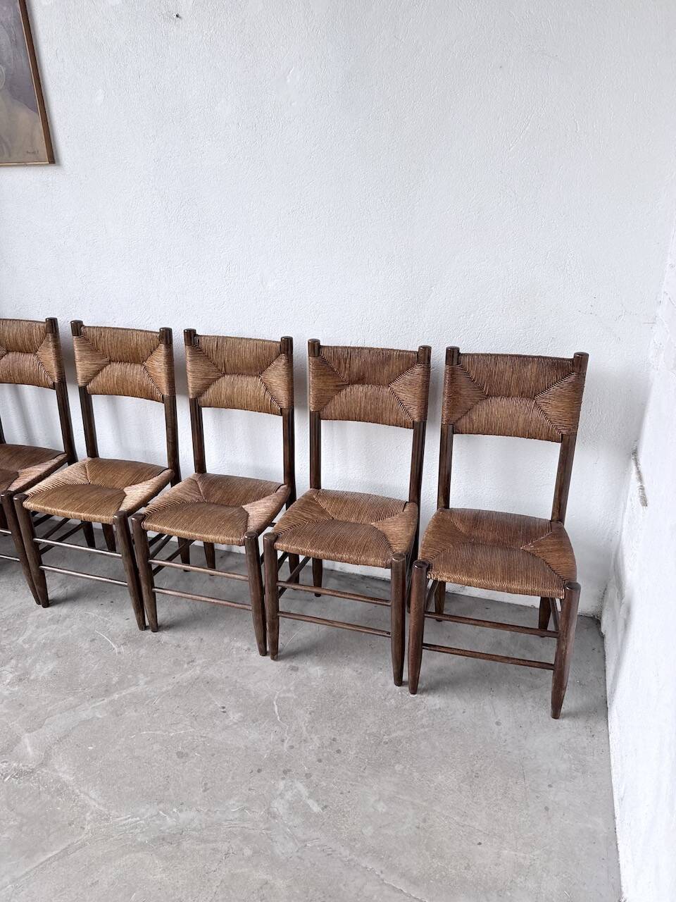 Set of 6 straw and oak Beauche chairs.