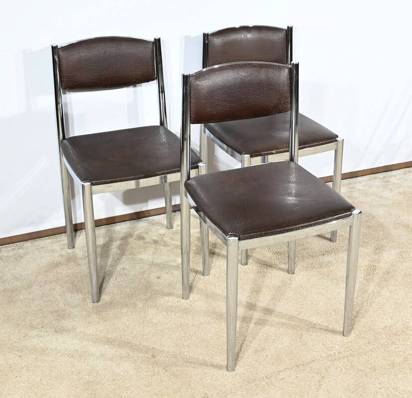 Suite of 3 Leather and Chrome Metal Chairs, attributed to Collomb Creation – 1970