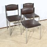 Suite of 3 Leather and Chrome Metal Chairs, attributed to Collomb Creation – 1970