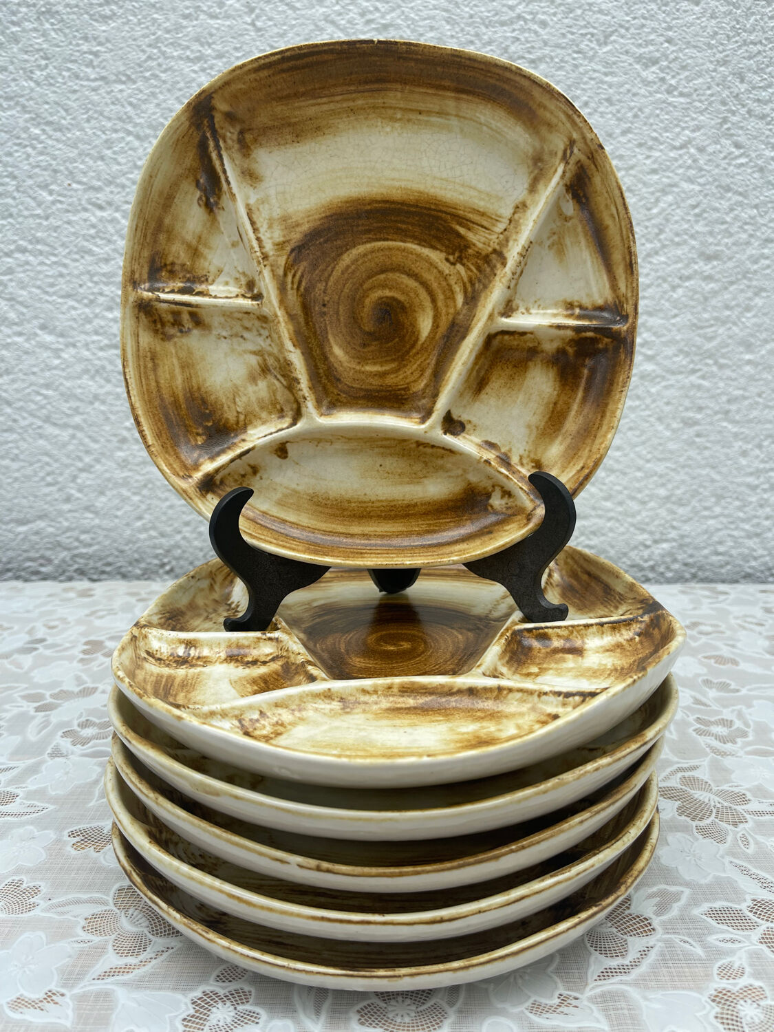 6 Longchamp Fondue Plates – 22 cm – Vintage Enameled Stoneware