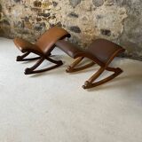 Set of 2 wooden and studded leather footrests