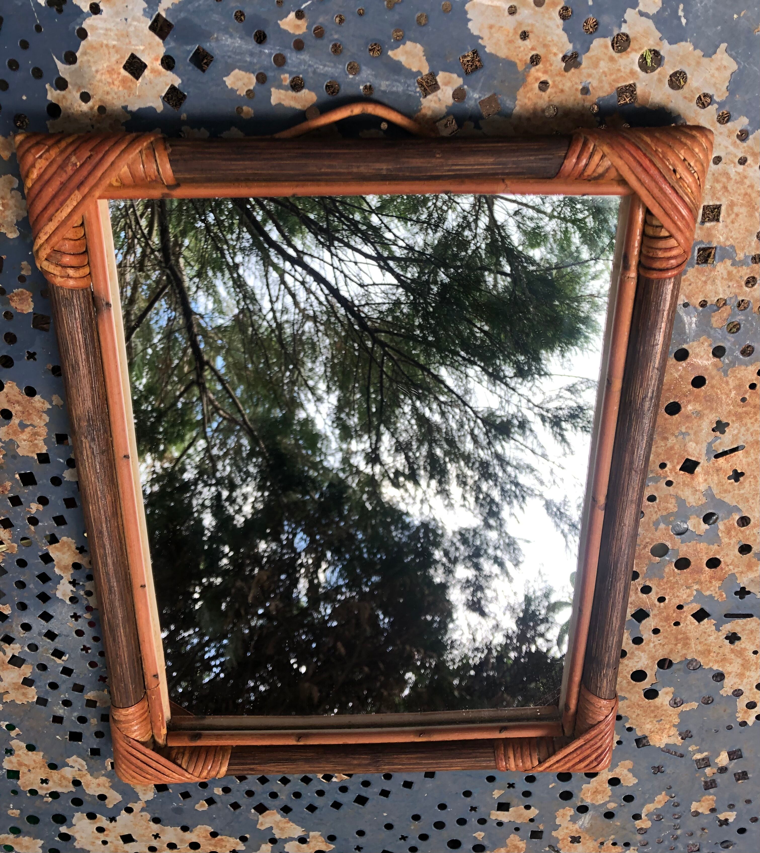 Mirror in wood and rattan 60s