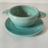 Earthenware bowl and saucer in glazed water green ceramic.