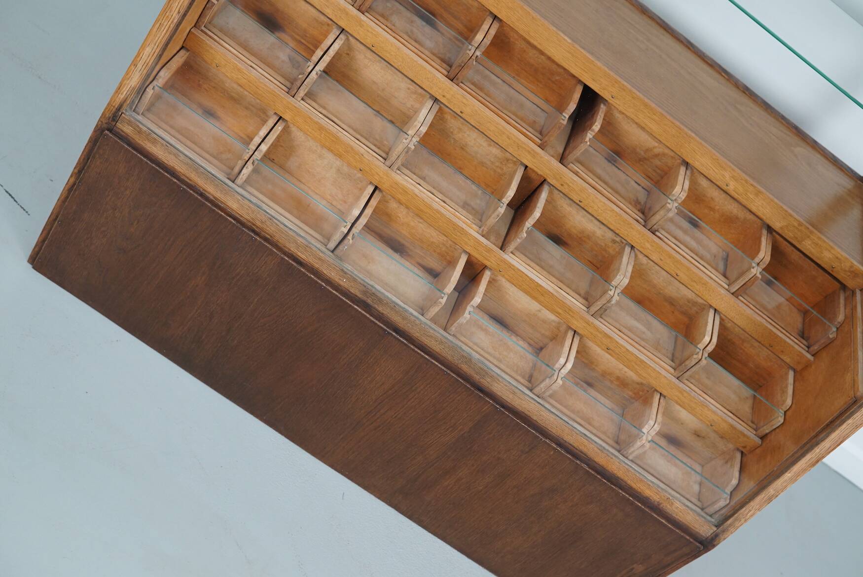 Antique Spanish beech & oak haberdashery cabinet or shop counter, 1950s