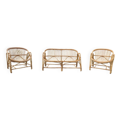 Salon en rotin deux fauteuils et une banquette vintage 1950s