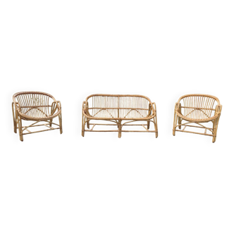 Rattan lounge two armchairs and a vintage bench 1950s