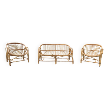 Salon en rotin deux fauteuils et une banquette vintage 1950s