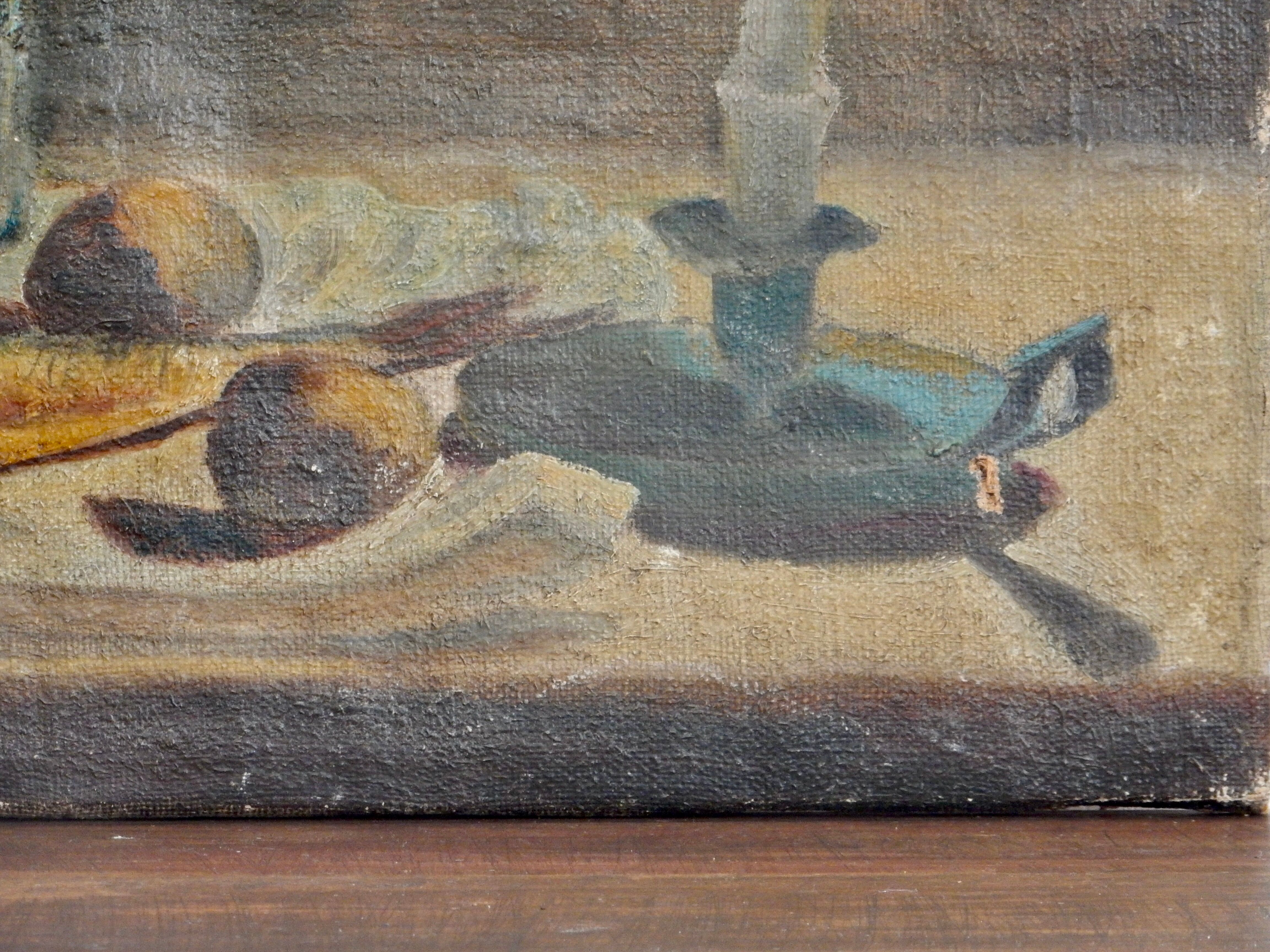 Oil on canvas still life painting lit by candlelight