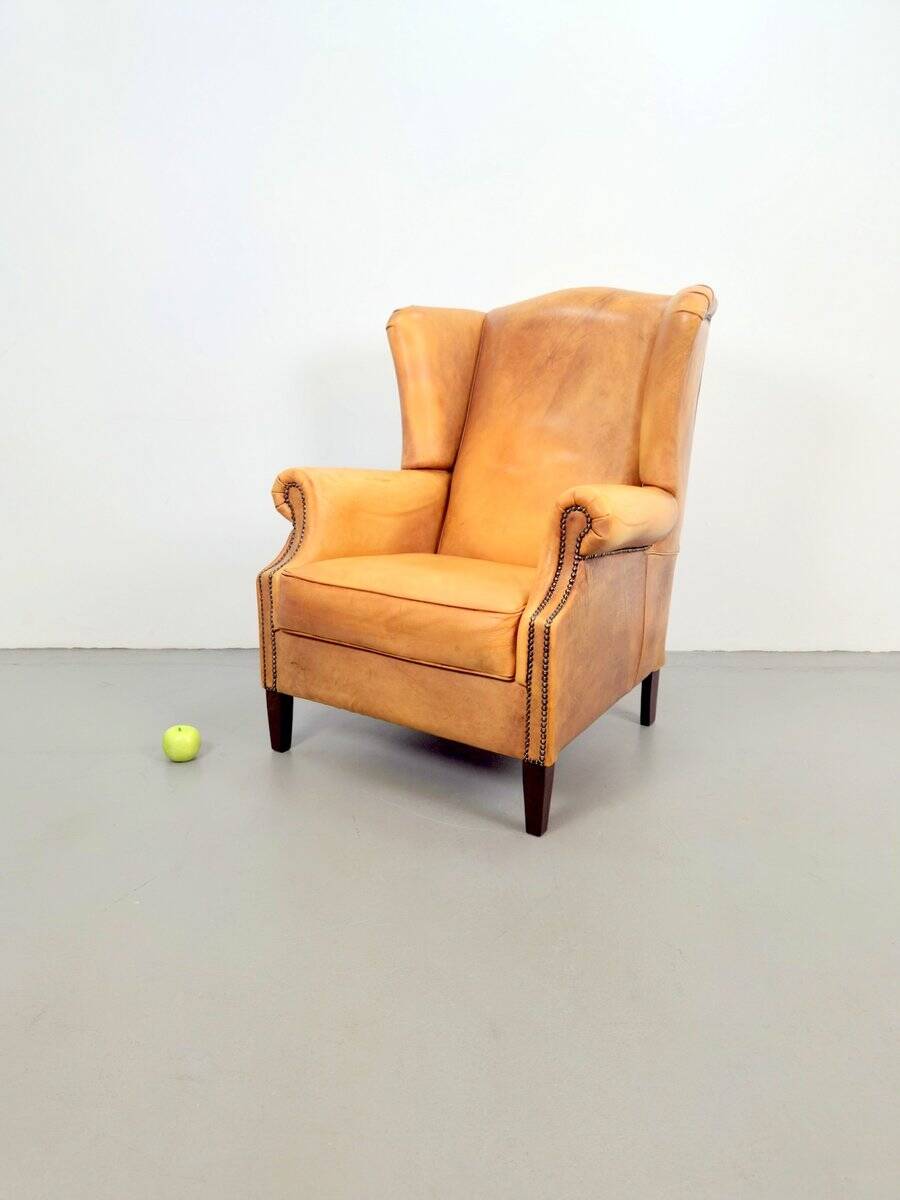 Vintage Sheepskin Leather Wing-Back Chair, 1970s