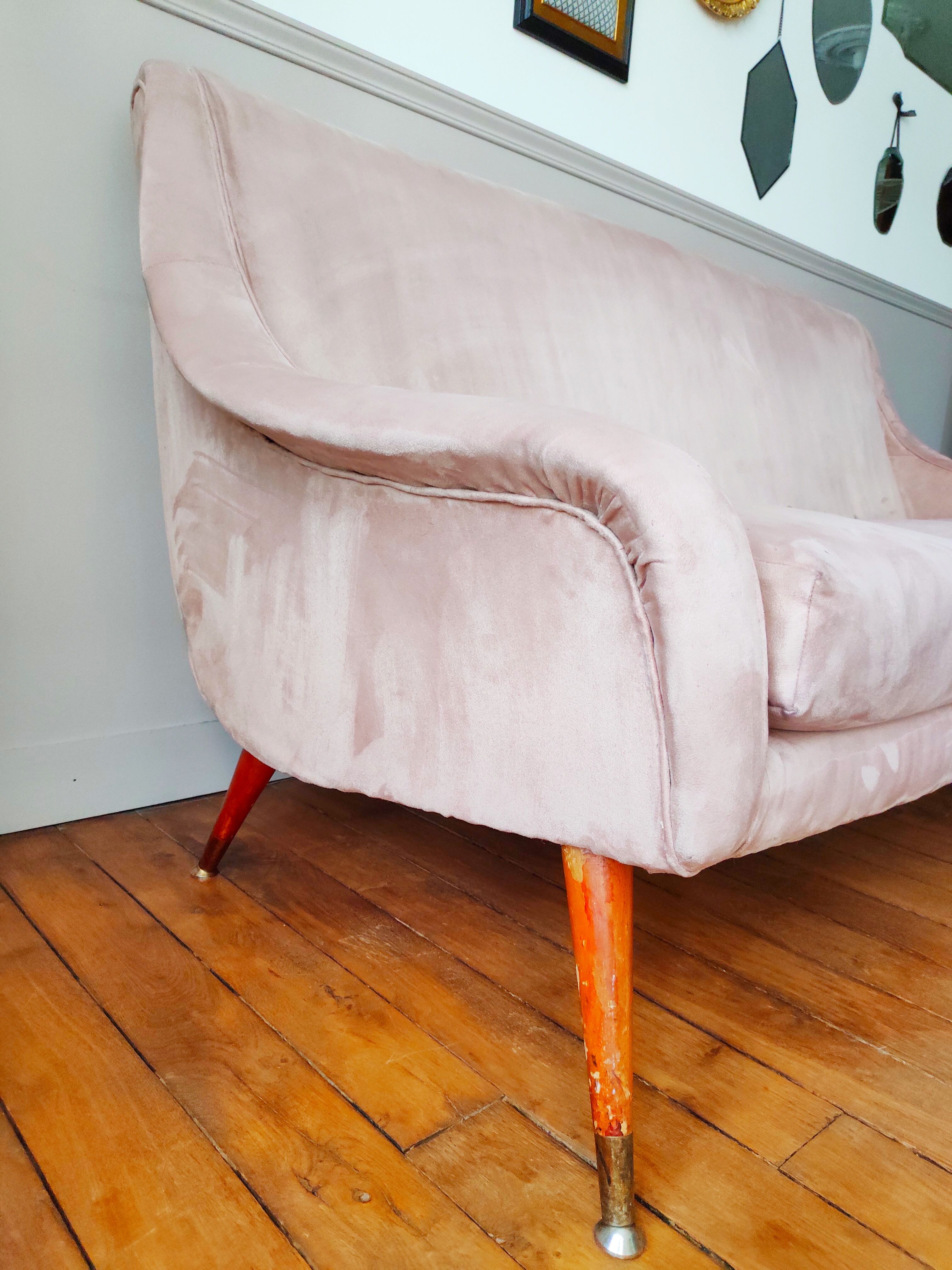 Vintage pink velvet bench sofa, 1960
