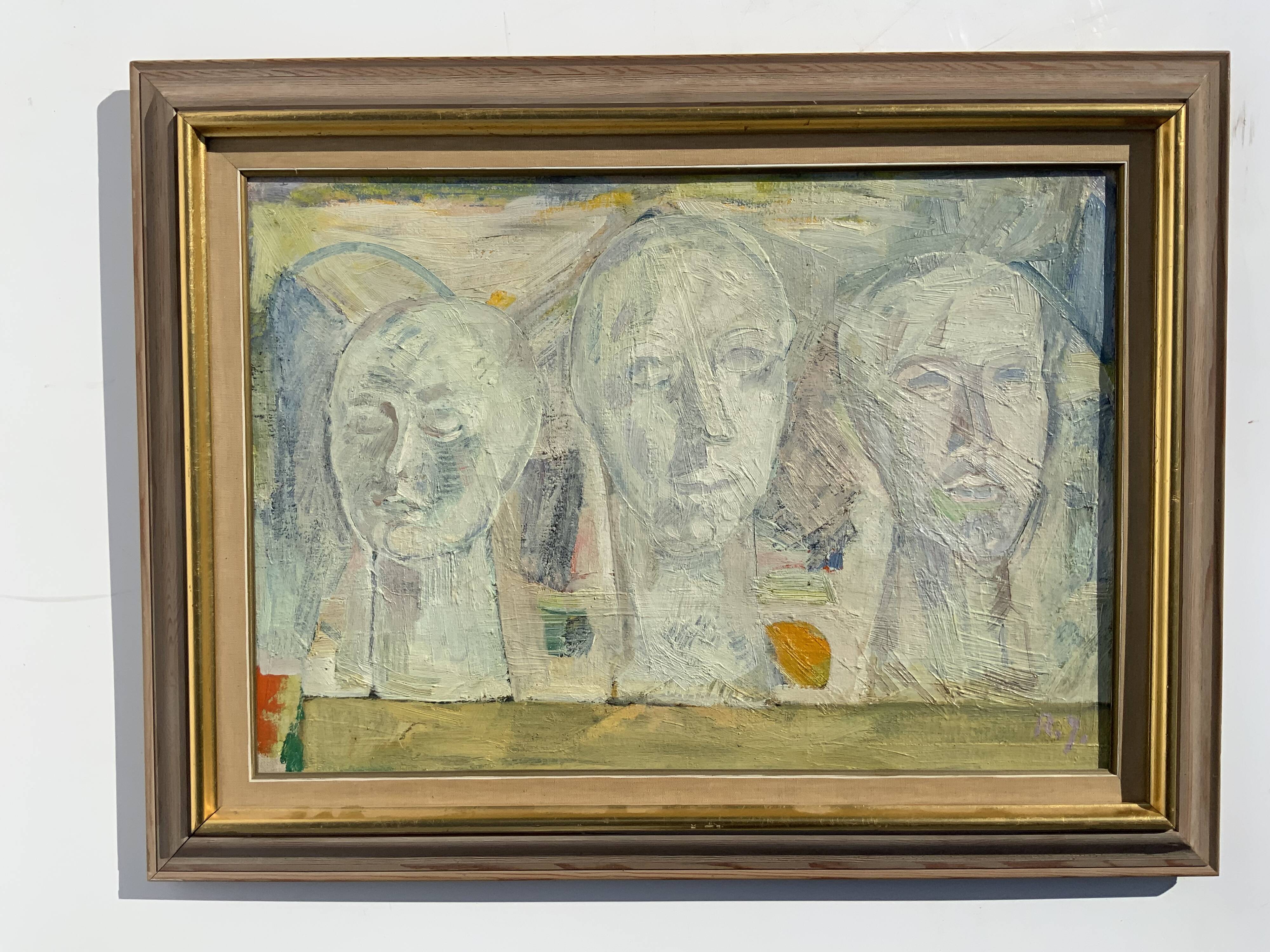 Vintage Modernist Composition with Heads Oil Painting signed by artist R.J. 1956