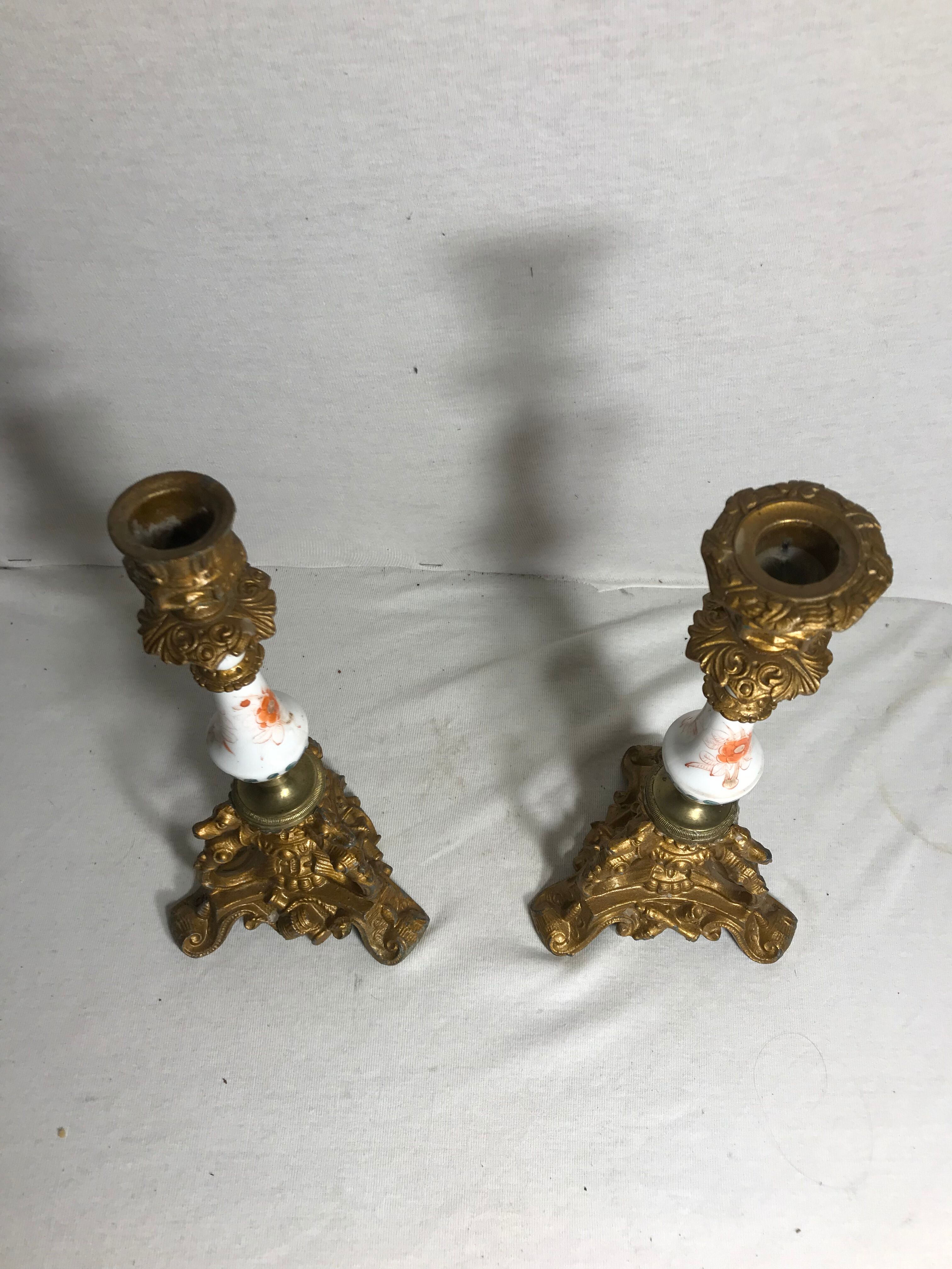 Pair old candlestick tripod Metal Gold seahorse + ceramic painted Vintage