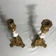 Pair old candlestick tripod Metal Gold seahorse + ceramic painted Vintage