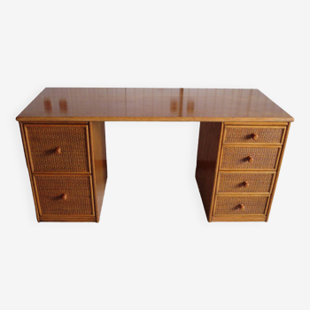Rare bureau vintage Frêne et rotin tressé - Large plateau - 6 tiroirs - Bureau fonctionnel
