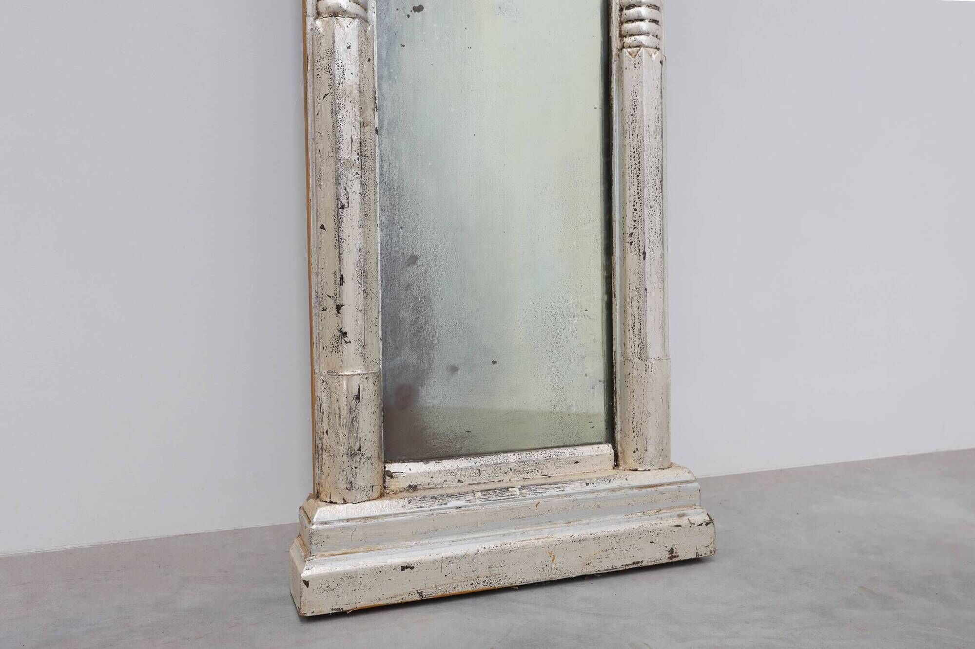 Neoclassical Silver Leaf Pier Mirror with Ringed Columns and Cornice, Italy