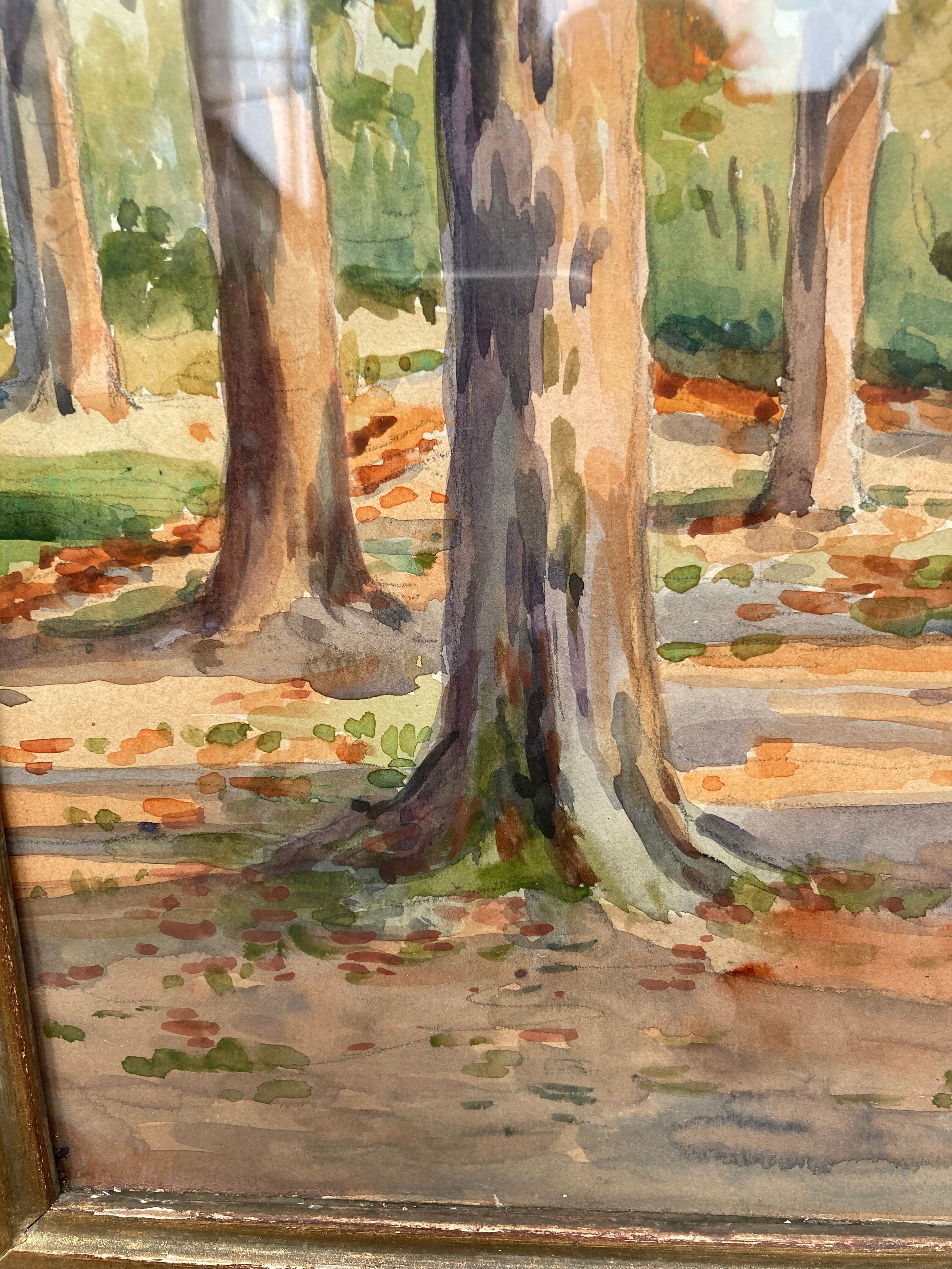 Framed watercolor trees in autumn dated 1943