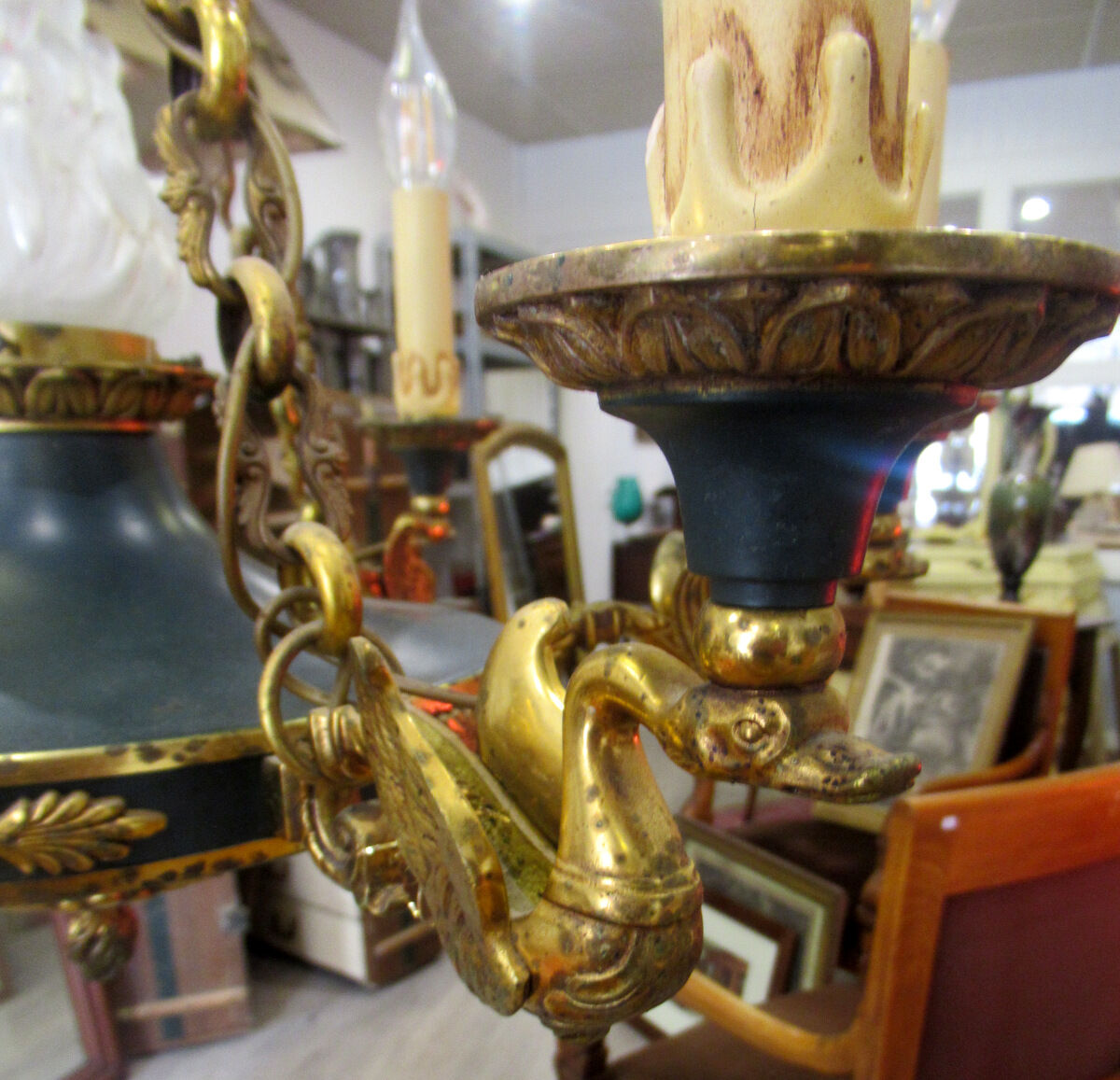 Empire style chandelier gilded bronze and green painted sheet metal