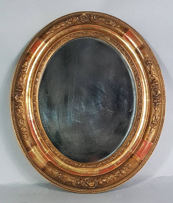 Ancien miroir ovale cadre bois stuc dorure d'origine 37x31 cm Belle patine