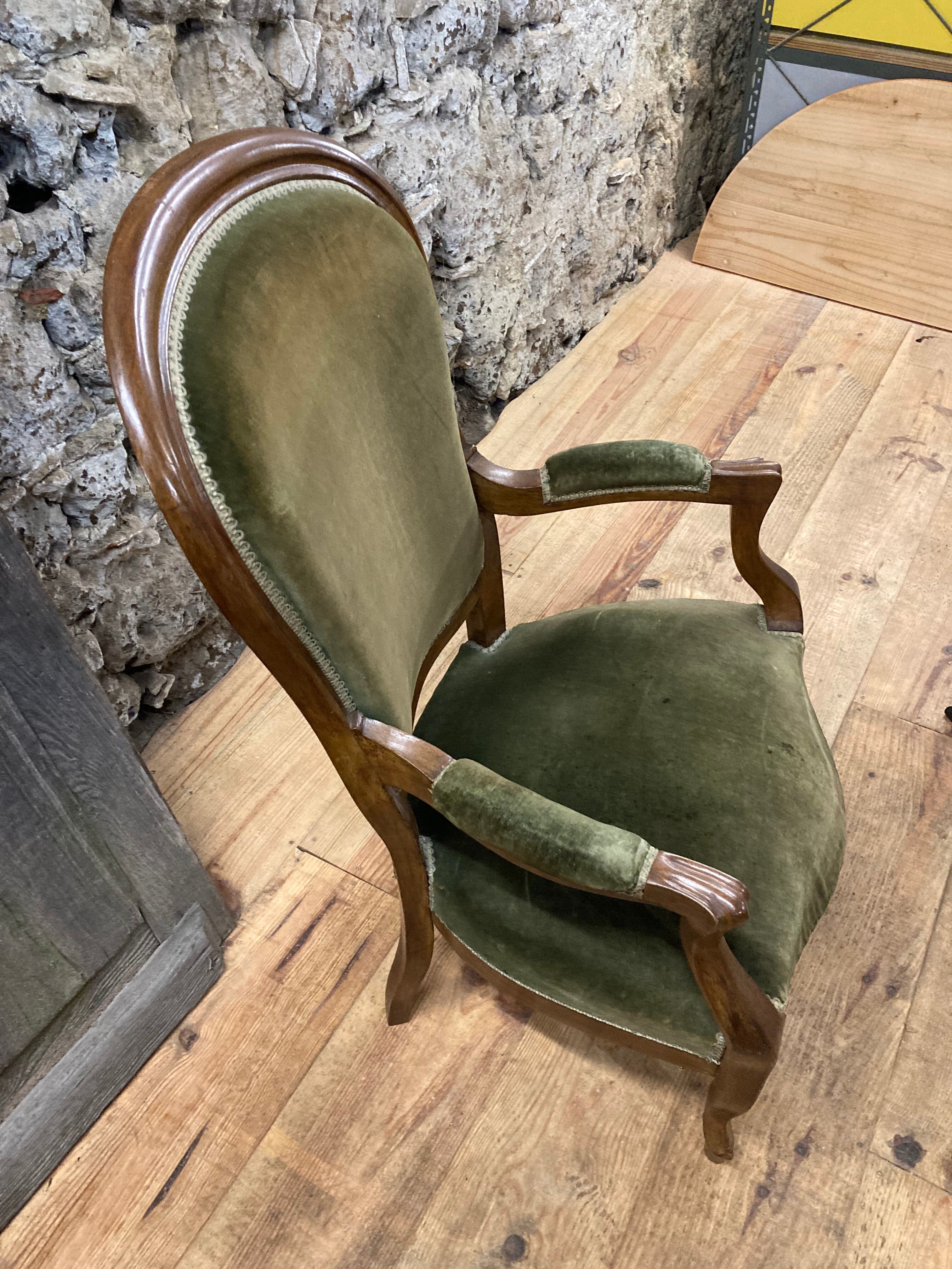 Armchair Voltaire Louis Philippe in wood green velvet XIX