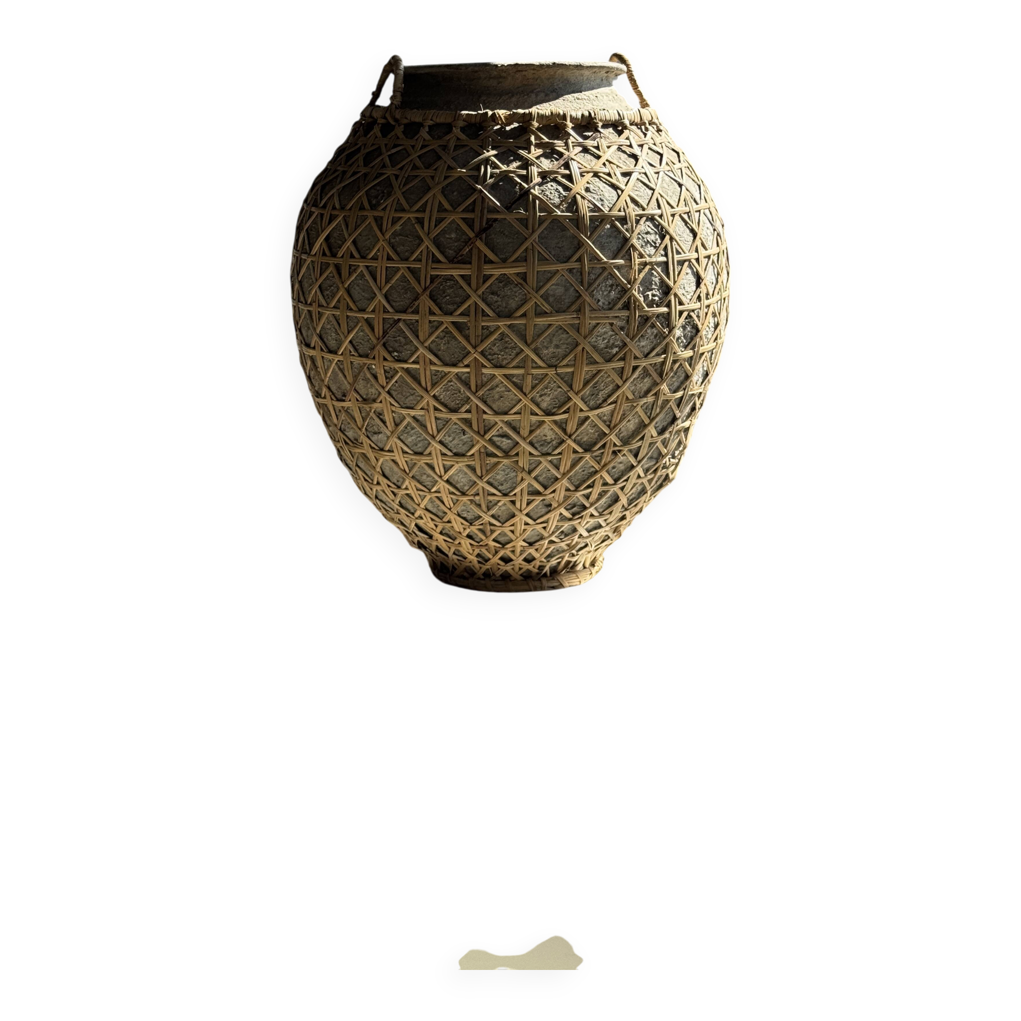 Immense light grey antique-style pot with a crosshatch lid and handles.