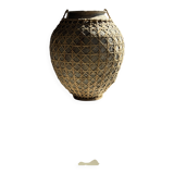 Immense light grey antique-style pot with a crosshatch lid and handles.