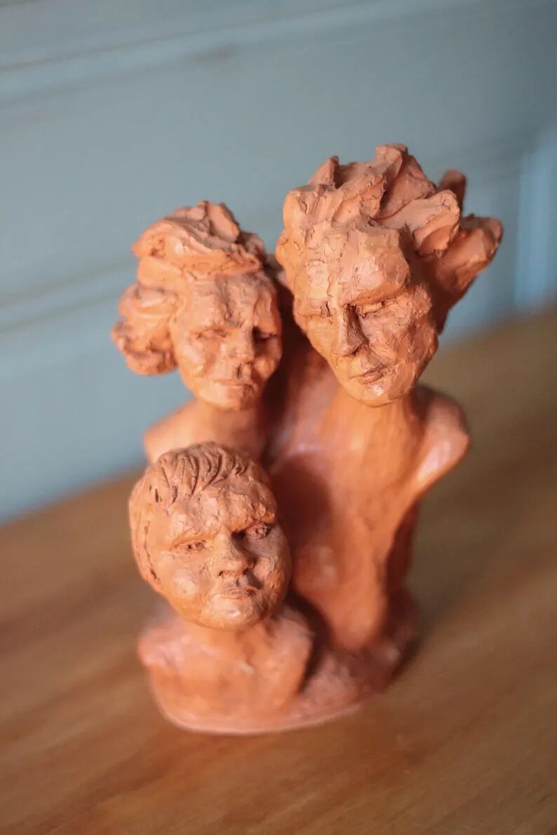 Sculpture signed Doloire, terracotta sculpture with 3 faces, candlestick sculpture, collection, interior decoration.