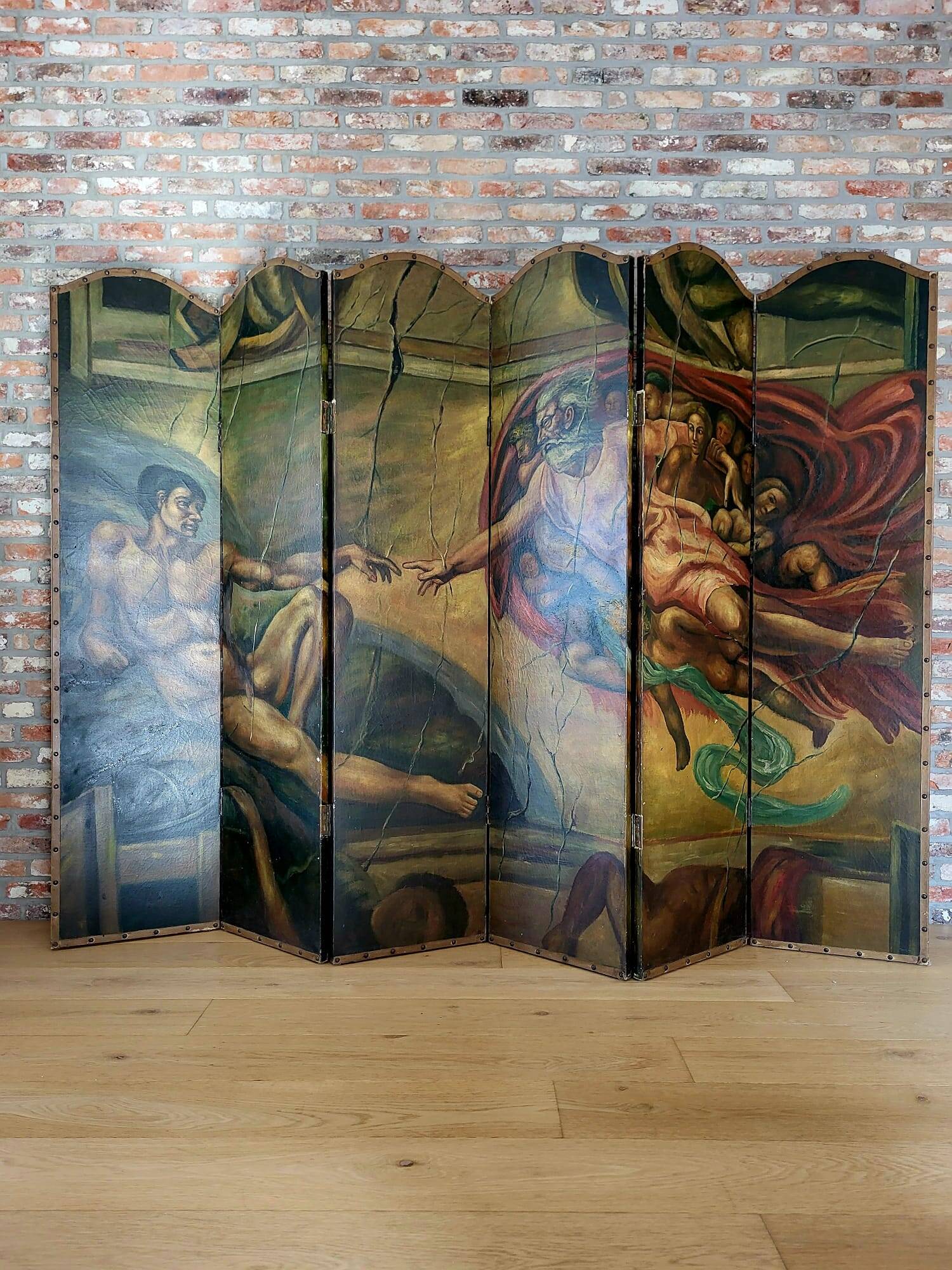 Rare paravent Art déco peint à la main dans le style de Michel-Ange