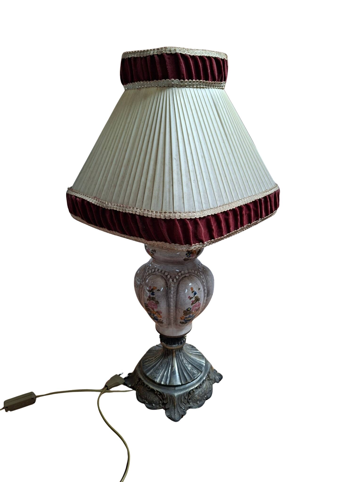 Lampada da Tavolo Vintage in Ceramica dipinta a mano e Velluto Bordeaux