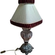 Lampada da Tavolo Vintage in Ceramica dipinta a mano e Velluto Bordeaux